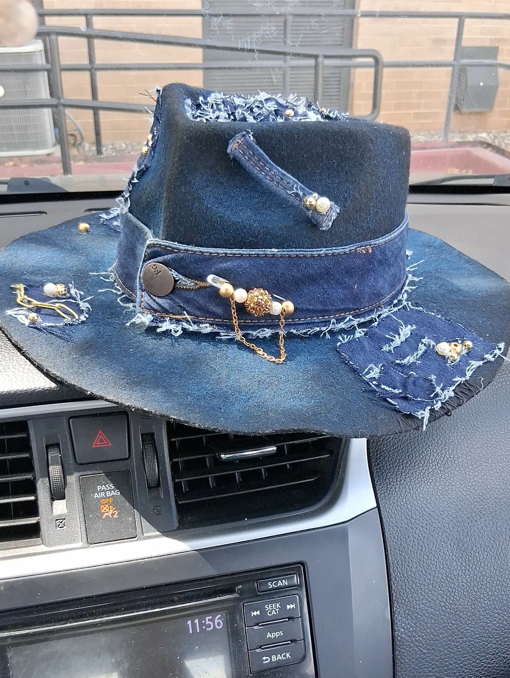Handcrafted Navy Denim Distressed Fedora Hat